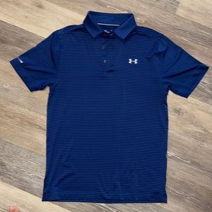 two tone blue striped Under Armour heat gear short sleeve polo size small loose